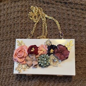 Floral Embellished White Clutch